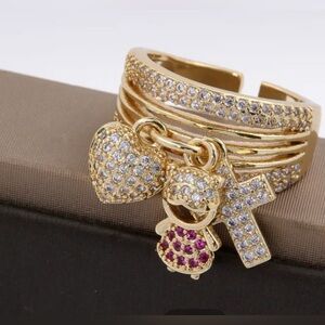 14k Gold Charm Ring with Heart, Girl and Cross Accents Adjustable size
